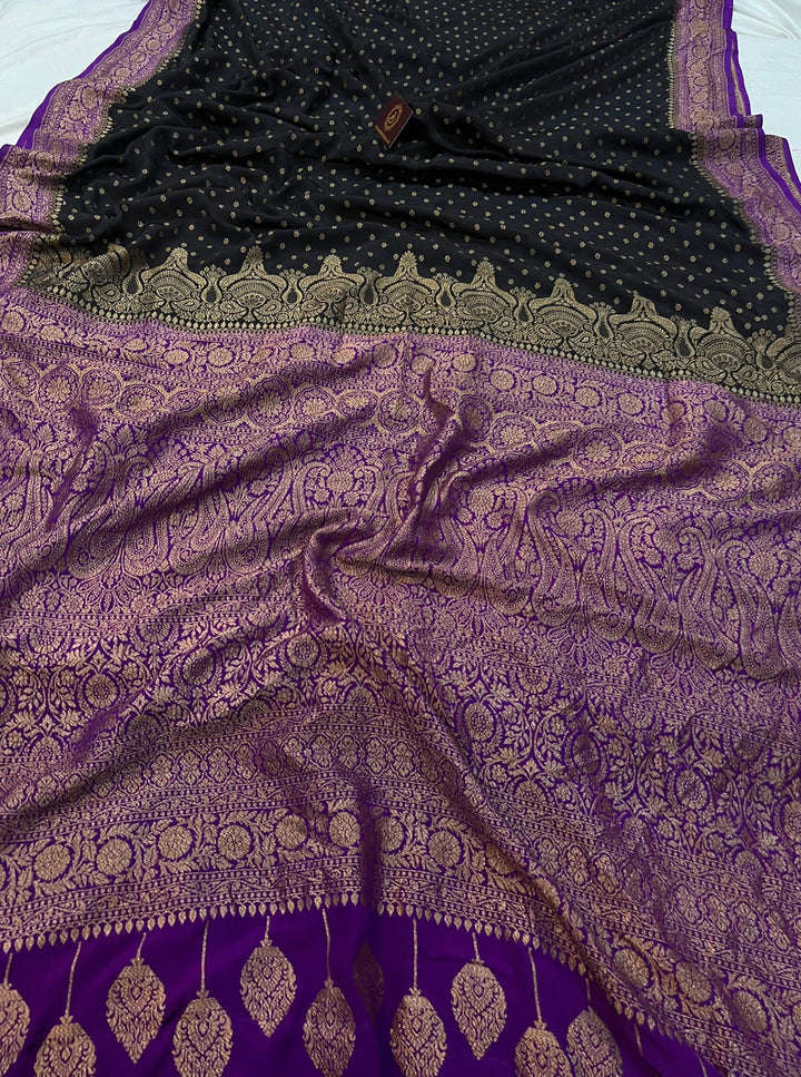Black Pure Banarasi Khaddi Crepe Silk Saree - Aura Benaras