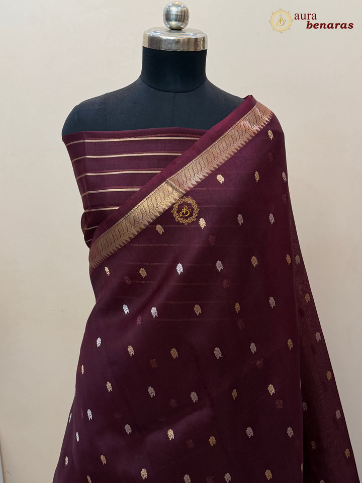 Pure Deep Maroon Kora Silk Banarasi Saree with Kadhwa Flower Butas