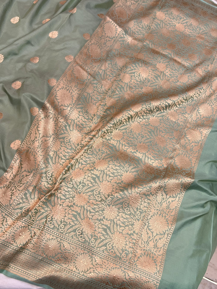 Sage Grey Pure Katan Silk Banarasi Saree with Zari Butis 