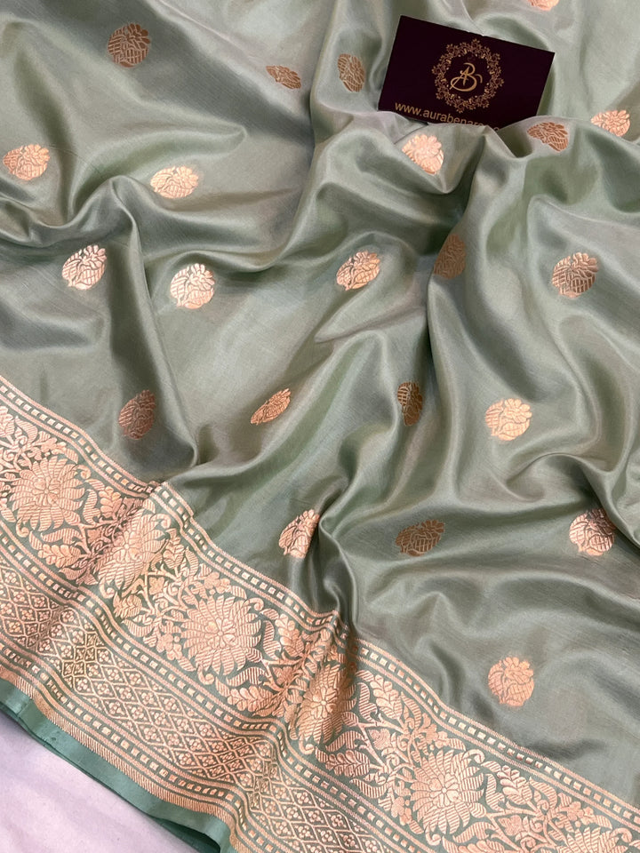 Sage Grey Pure Katan Silk Banarasi Saree with Zari Butis 