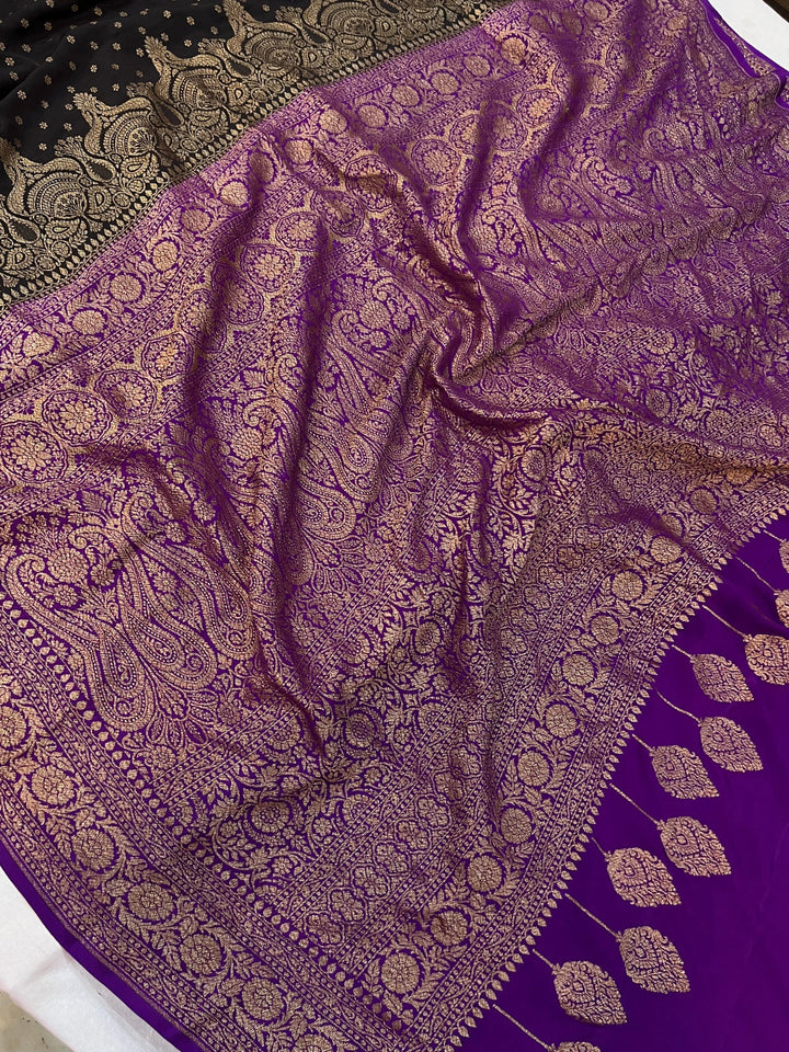 Black Pure Banarasi Khaddi Crepe Silk Saree - Aura Benaras