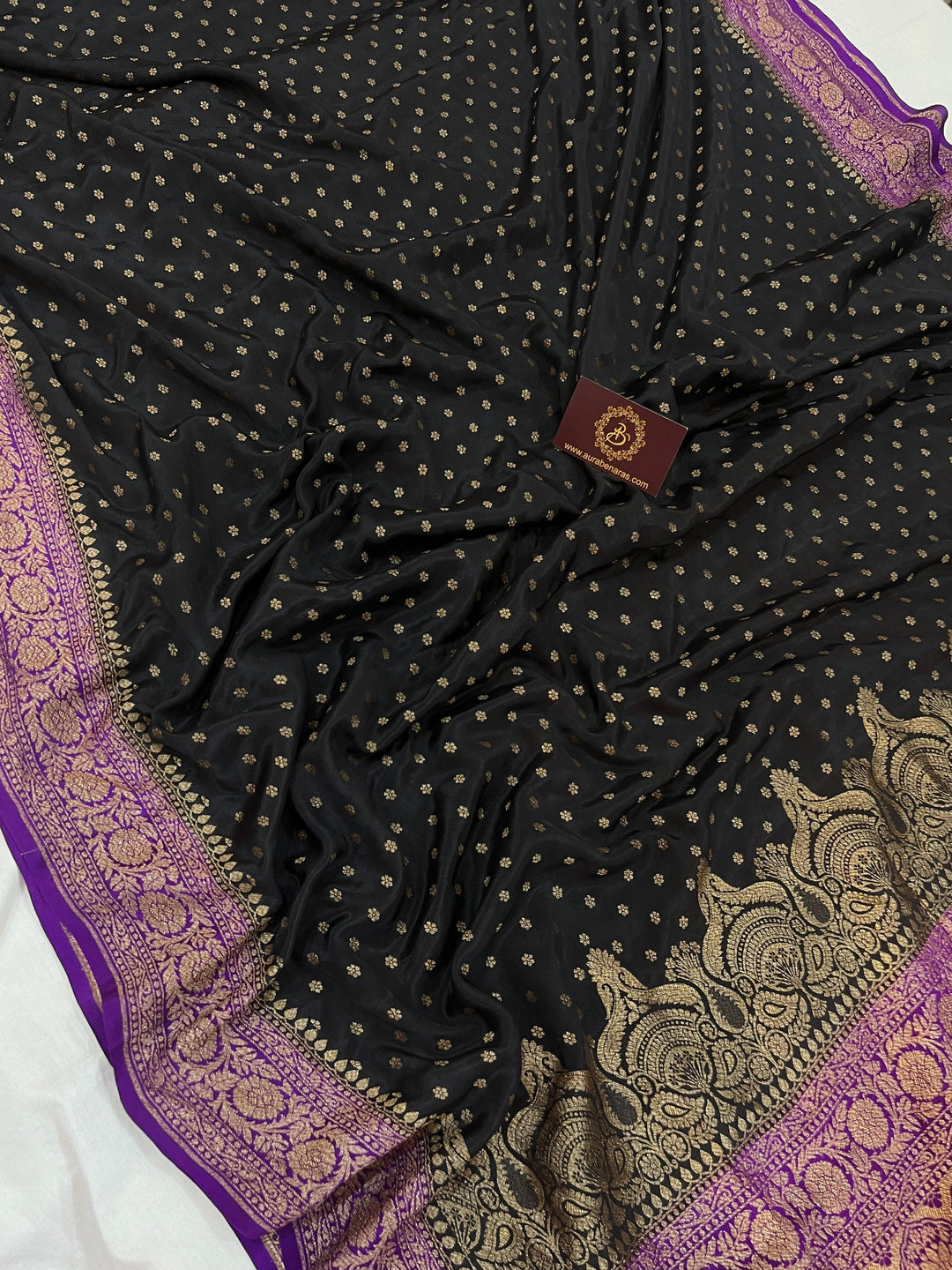 Black Pure Banarasi Khaddi Crepe Silk Saree - Aura Benaras