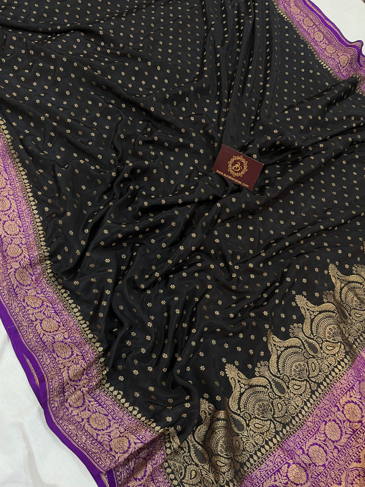 Black Pure Banarasi Khaddi Crepe Silk Saree - Aura Benaras