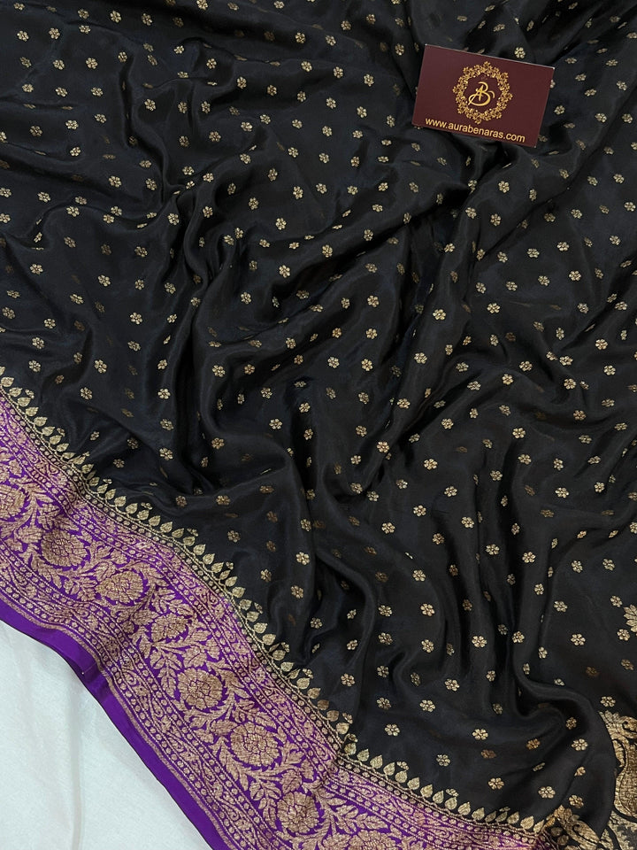 Black Pure Banarasi Khaddi Crepe Silk Saree - Aura Benaras