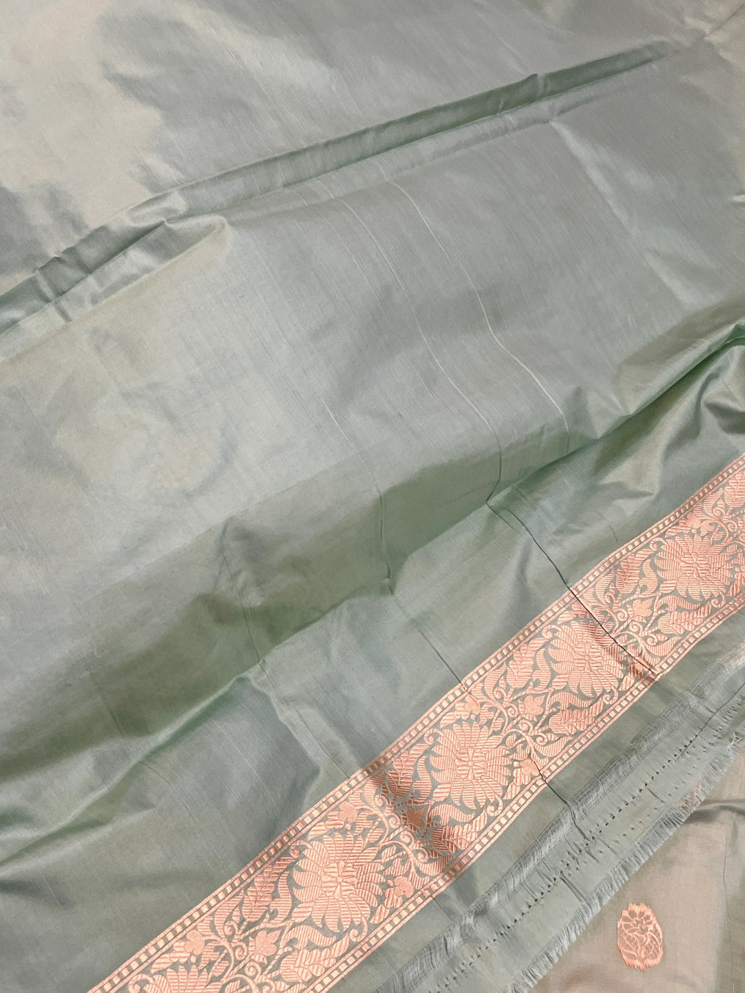 Sage Grey Pure Katan Silk Banarasi Saree with Zari Butis 