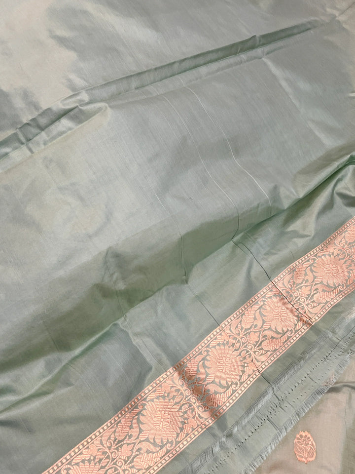 Sage Grey Pure Katan Silk Banarasi Saree with Zari Butis 