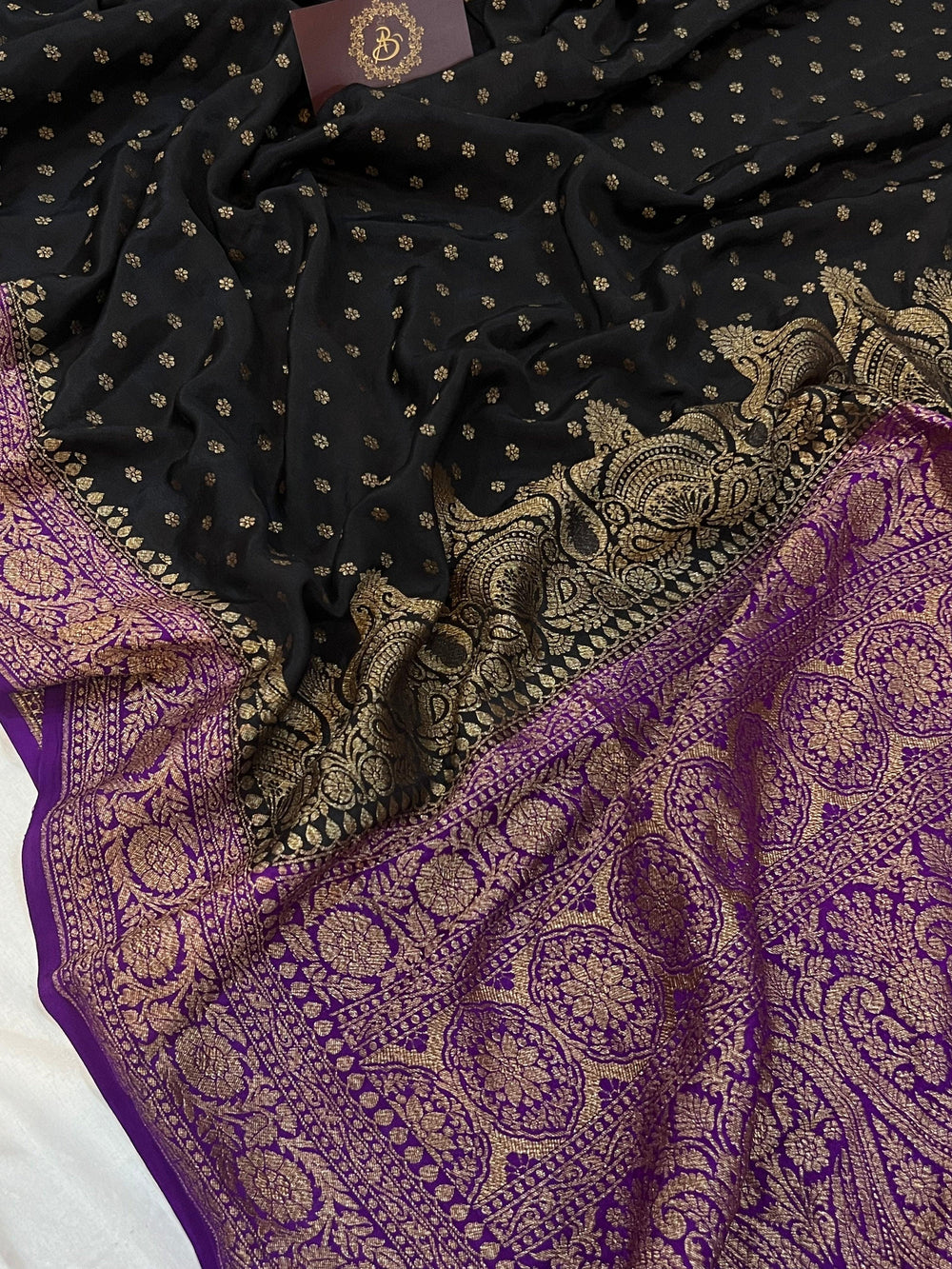 Black Pure Banarasi Khaddi Crepe Silk Saree - Aura Benaras