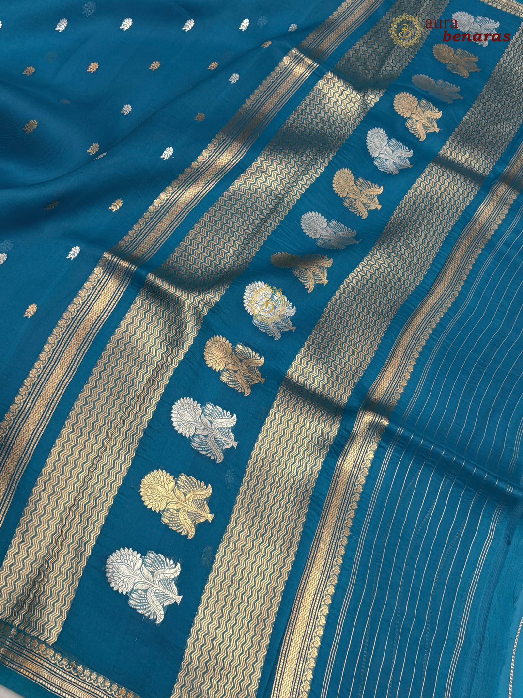 Pure Rama Blue Kora Silk Banarasi Saree with Kadhwa Flower Butas