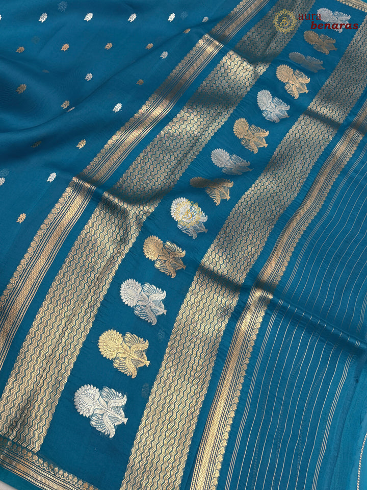 Pure Rama Blue Kora Silk Banarasi Saree with Kadhwa Flower Butas