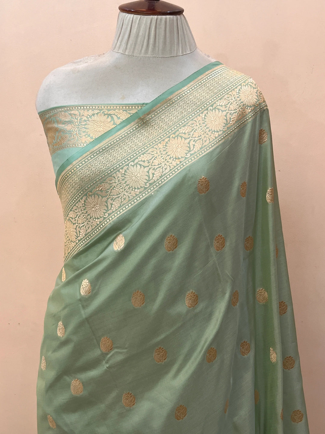 Sage Grey Pure Katan Silk Banarasi Saree with Zari Butis 