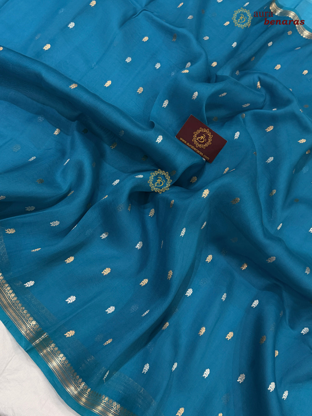 Pure Rama Blue Kora Silk Banarasi Saree with Kadhwa Flower Butas