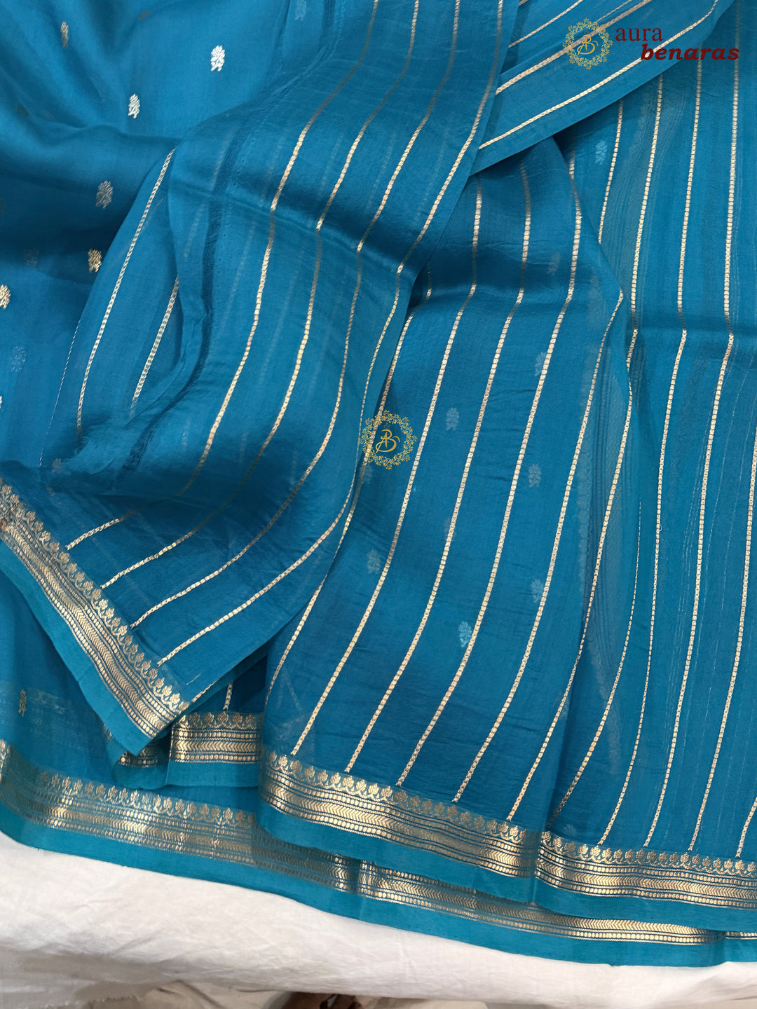 Pure Rama Blue Kora Silk Banarasi Saree with Kadhwa Flower Butas