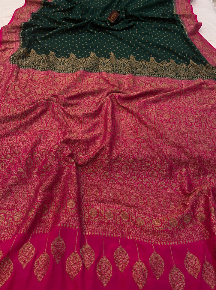 Bottle Green Pure Banarasi Khaddi Crepe Silk Saree - Aura Benaras