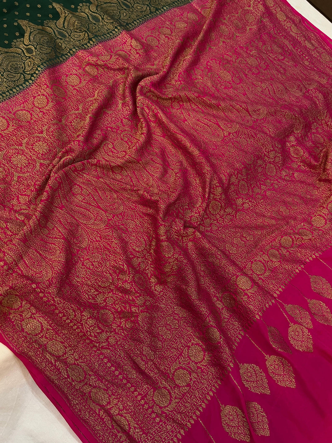 Bottle Green Pure Banarasi Khaddi Crepe Silk Saree - Aura Benaras