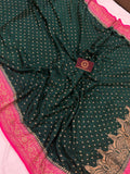 Bottle Green Pure Banarasi Khaddi Crepe Silk Saree - Aura Benaras