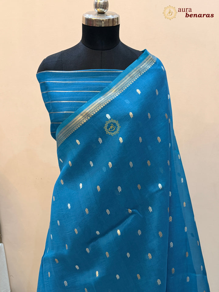 Pure Rama Blue Kora Silk Banarasi Saree with Kadhwa Flower Butas