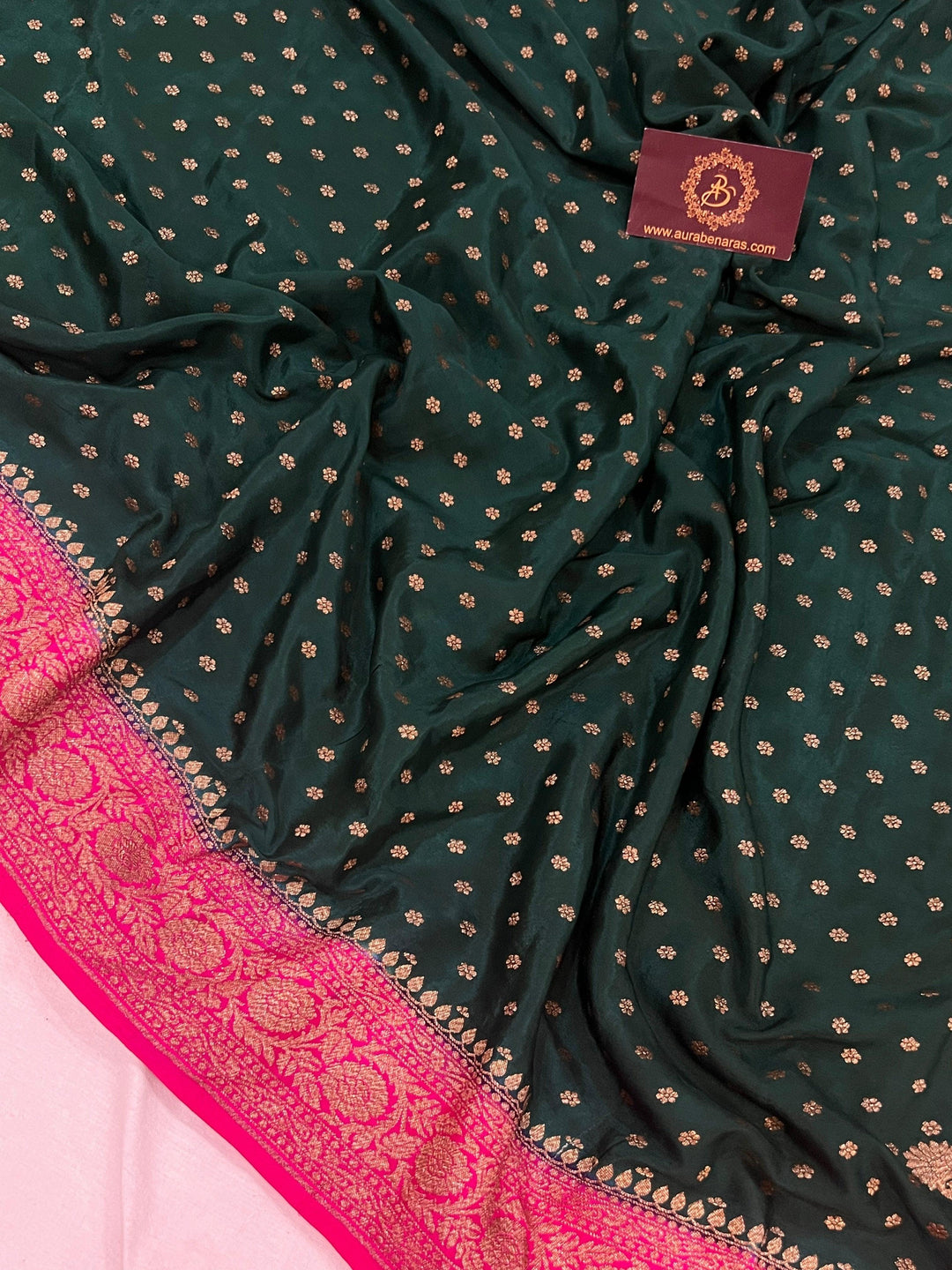 Bottle Green Pure Banarasi Khaddi Crepe Silk Saree - Aura Benaras