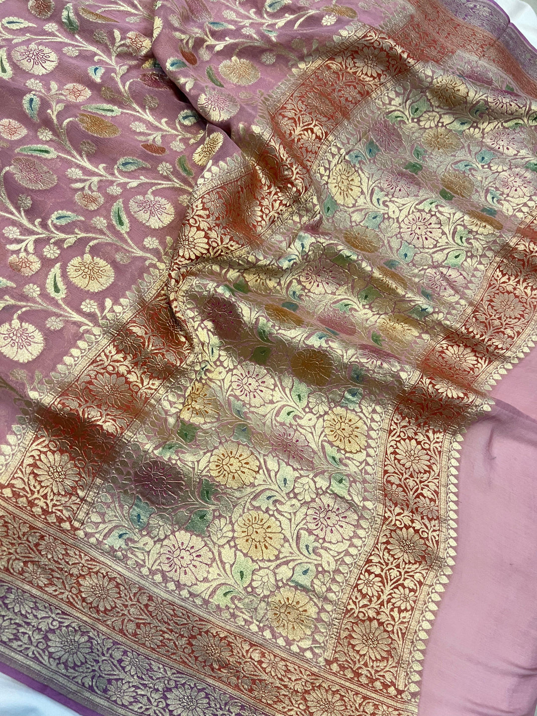 Pastel Onion Banarasi Khaddi Georgette Saree - Aura Benaras