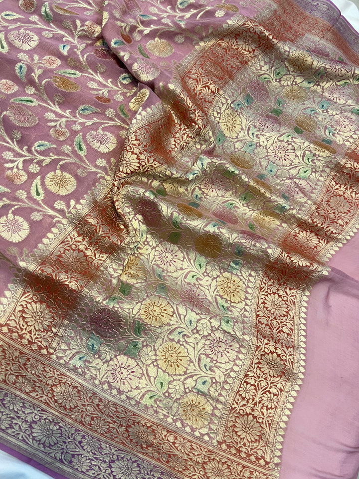 Pastel Onion Banarasi Khaddi Georgette Saree - Aura Benaras