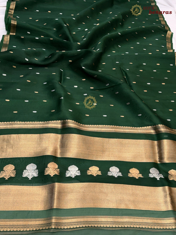 Pure Bottle Green Kora Silk Banarasi Saree with Kadhwa Flower Butas