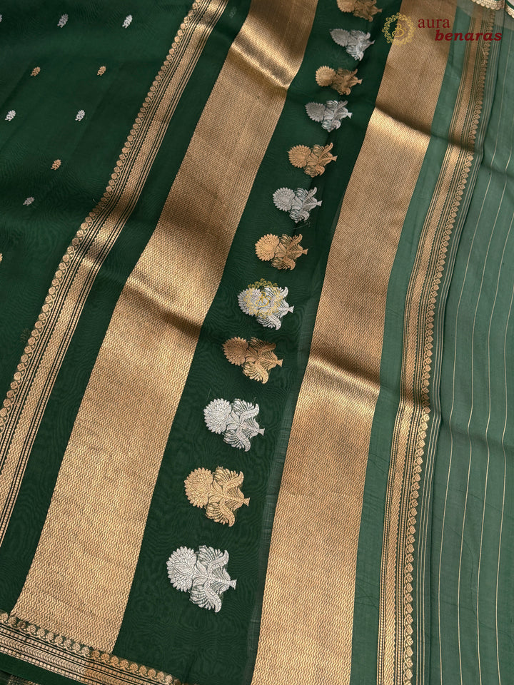 Pure Bottle Green Kora Silk Banarasi Saree with Kadhwa Flower Butas