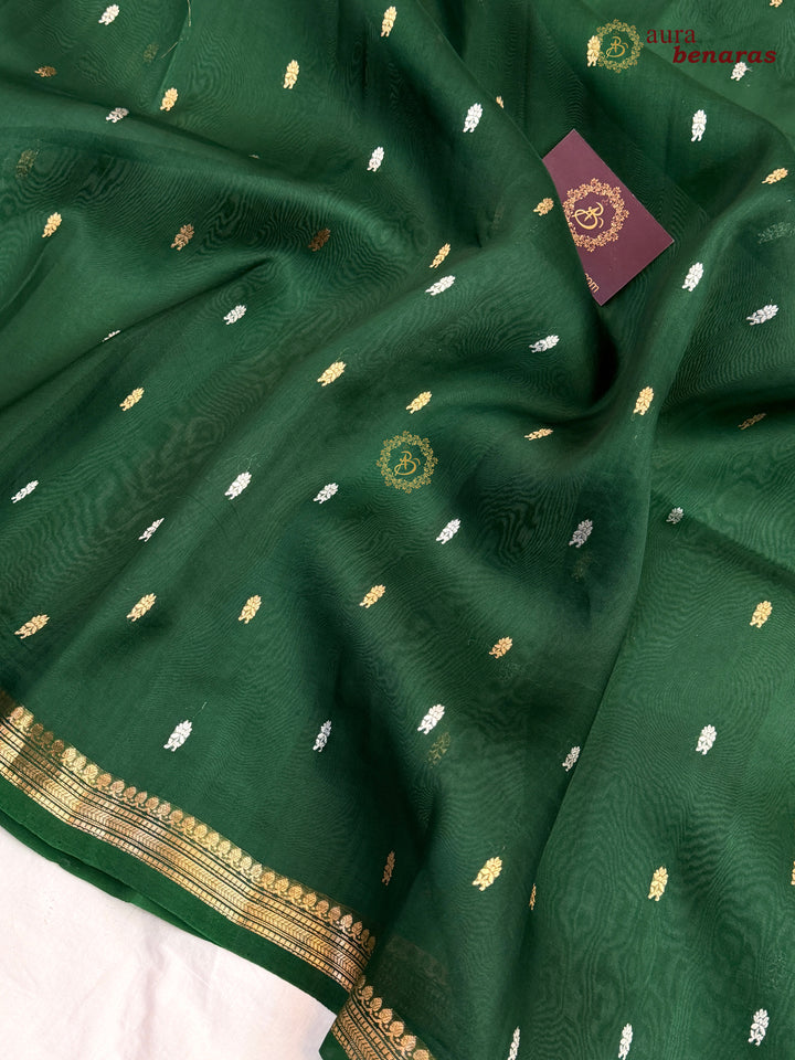 Pure Bottle Green Kora Silk Banarasi Saree with Kadhwa Flower Butas