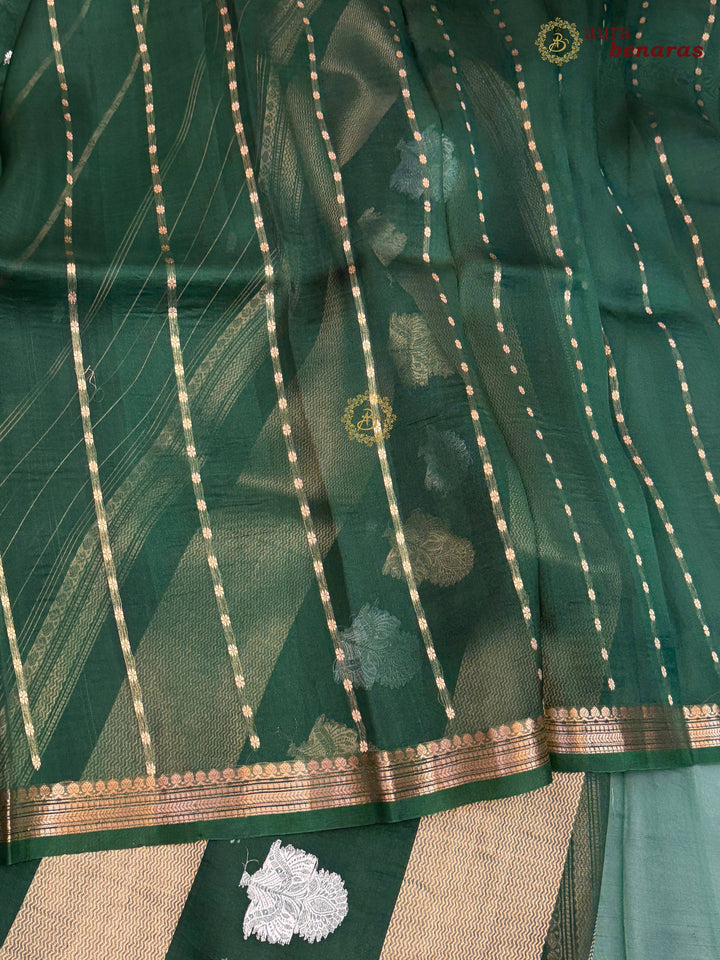 Pure Bottle Green Kora Silk Banarasi Saree with Kadhwa Flower Butas