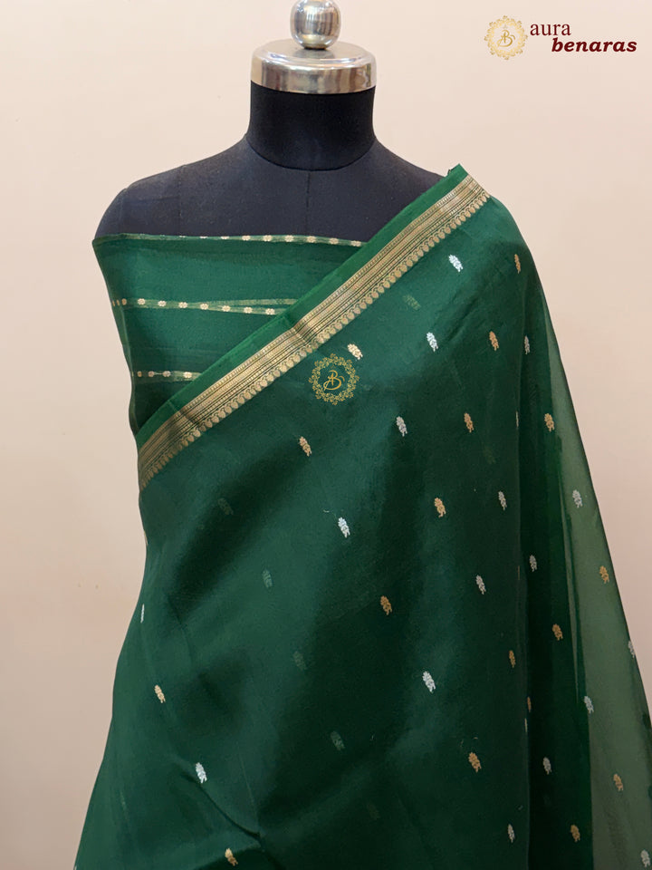 Pure Bottle Green Kora Silk Banarasi Saree with Kadhwa Flower Butas