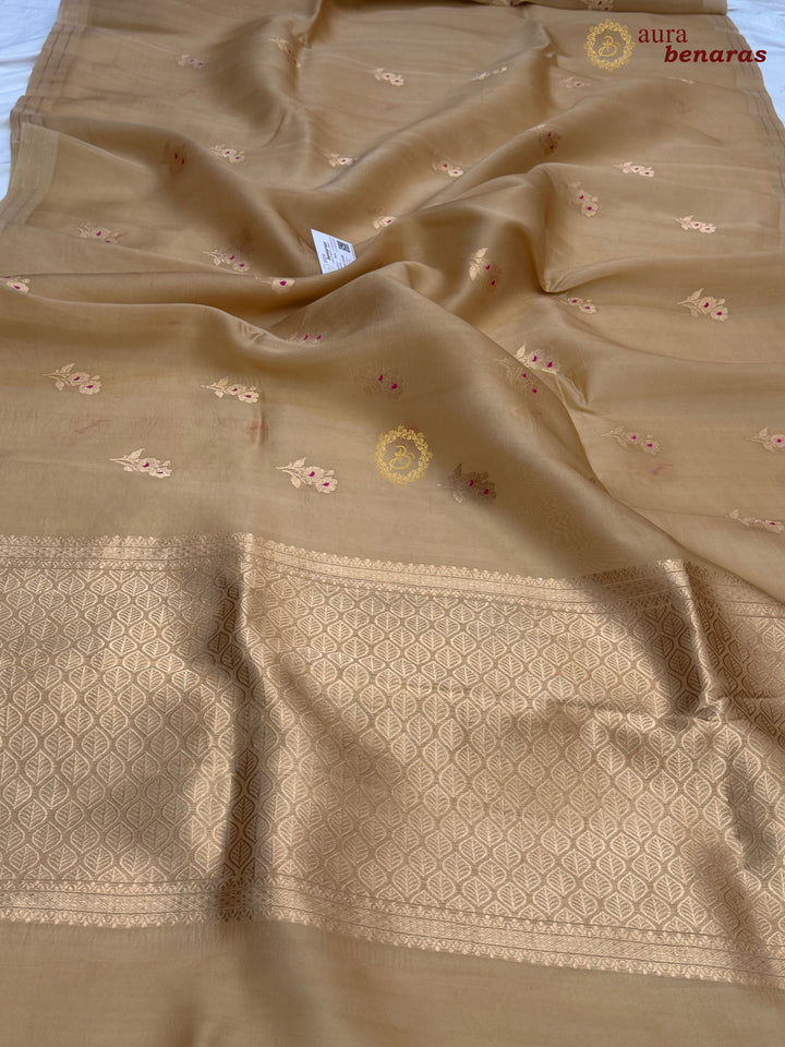 Beige Pure Kora Silk Banarasi Saree with Kadhwa Flower Butas