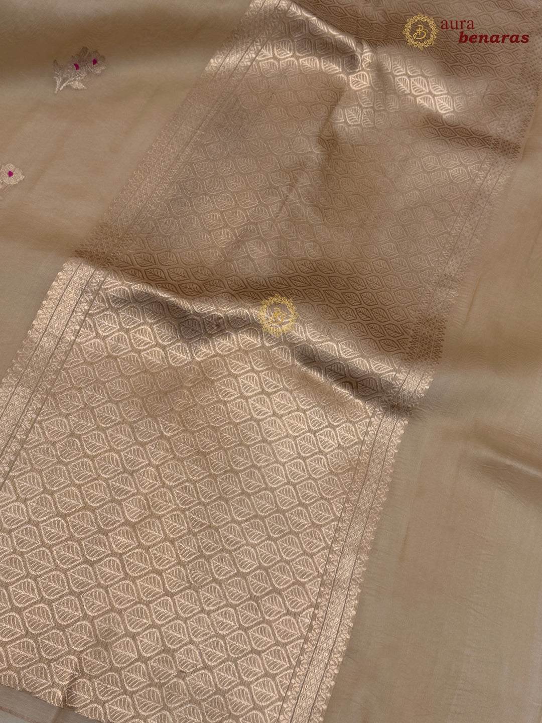 Beige Pure Kora Silk Banarasi Saree with Kadhwa Flower Butas