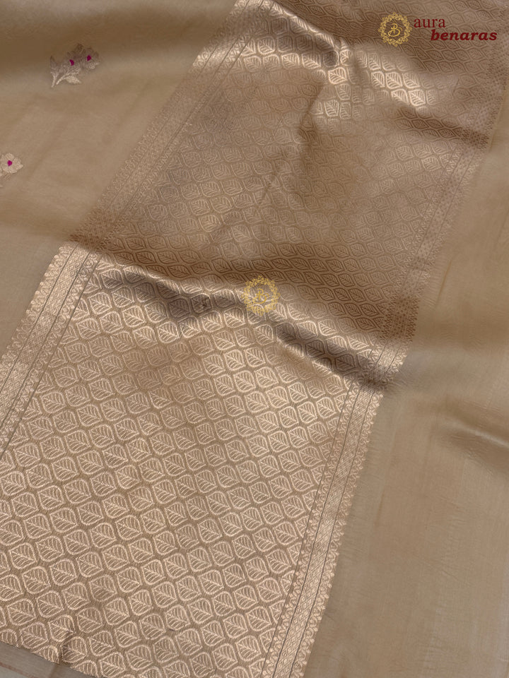 Beige Pure Kora Silk Banarasi Saree with Kadhwa Flower Butas