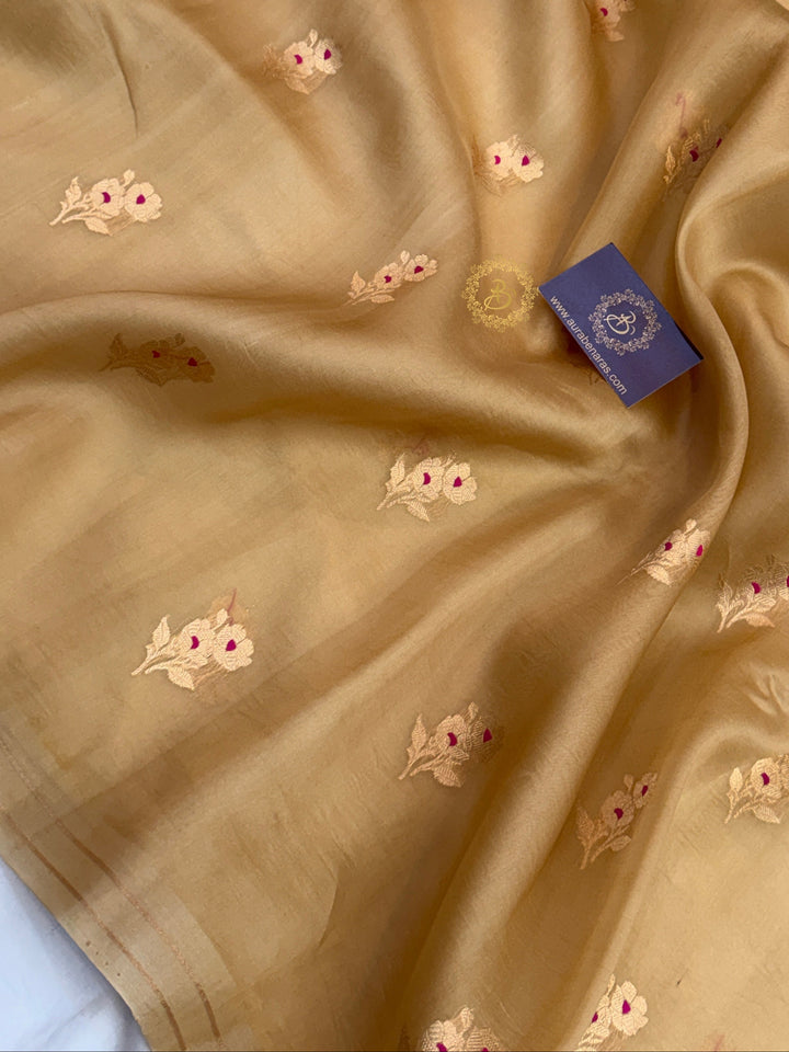 Beige Pure Kora Silk Banarasi Saree with Kadhwa Flower Butas