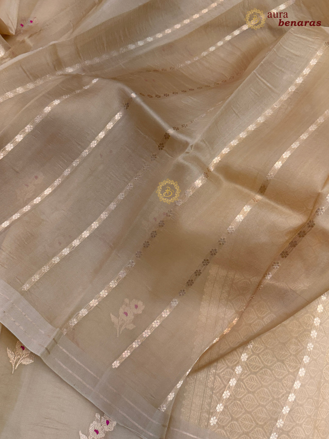 Beige Pure Kora Silk Banarasi Saree with Kadhwa Flower Butas