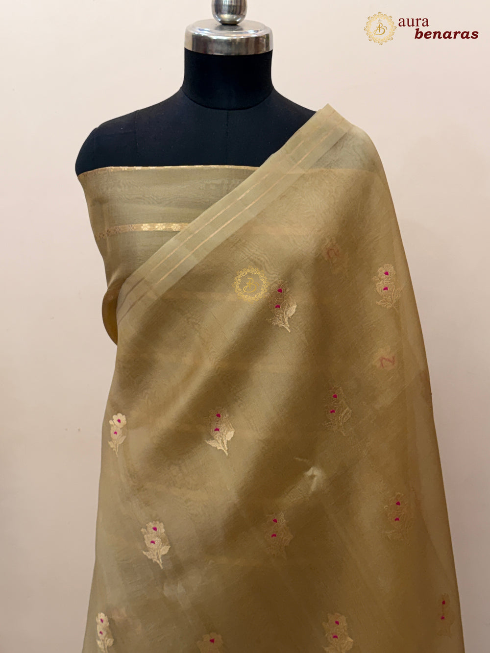 Beige Pure Kora Silk Banarasi Saree with Kadhwa Flower Butas