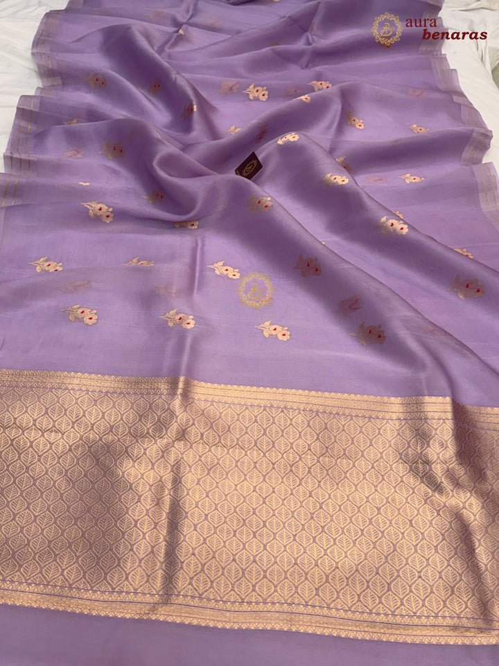 Lavender Pure Kora Silk Banarasi Saree with Kadhwa Flower Butas