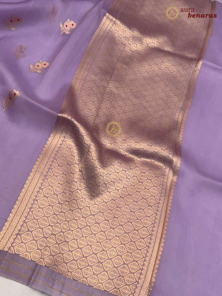 Lavender Pure Kora Silk Banarasi Saree with Kadhwa Flower Butas