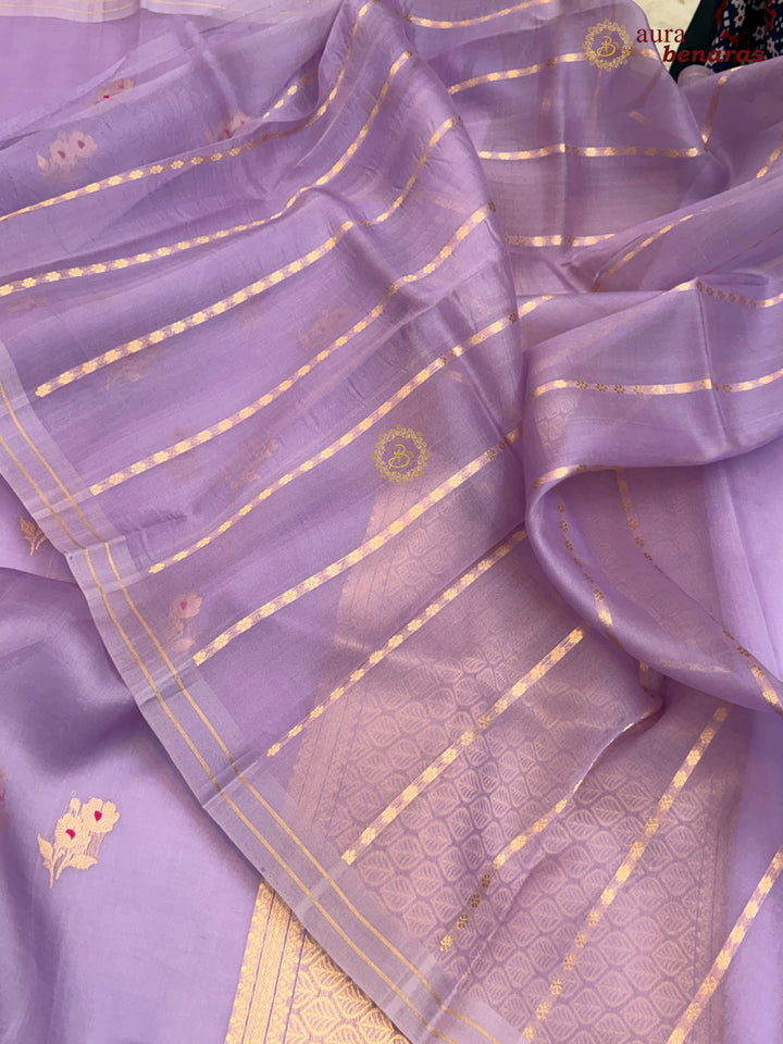 Lavender Pure Kora Silk Banarasi Saree with Kadhwa Flower Butas