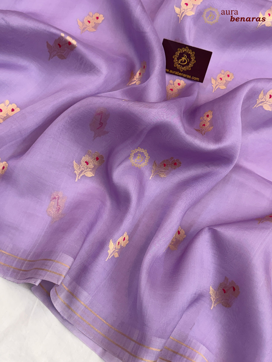 Lavender Pure Kora Silk Banarasi Saree with Kadhwa Flower Butas