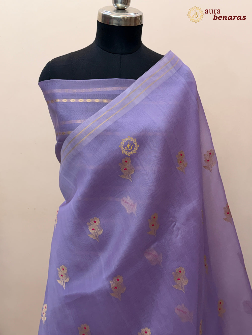 Lavender Pure Kora Silk Banarasi Saree with Kadhwa Flower Butas