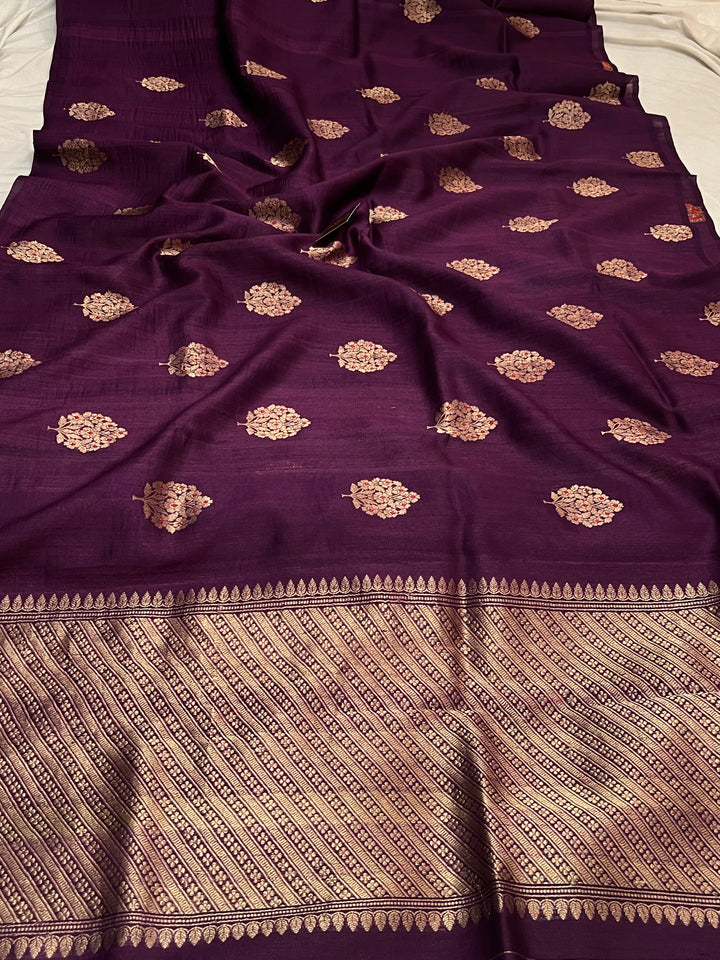 Wine Pure Tussar Silk Handloom Banarasi Saree