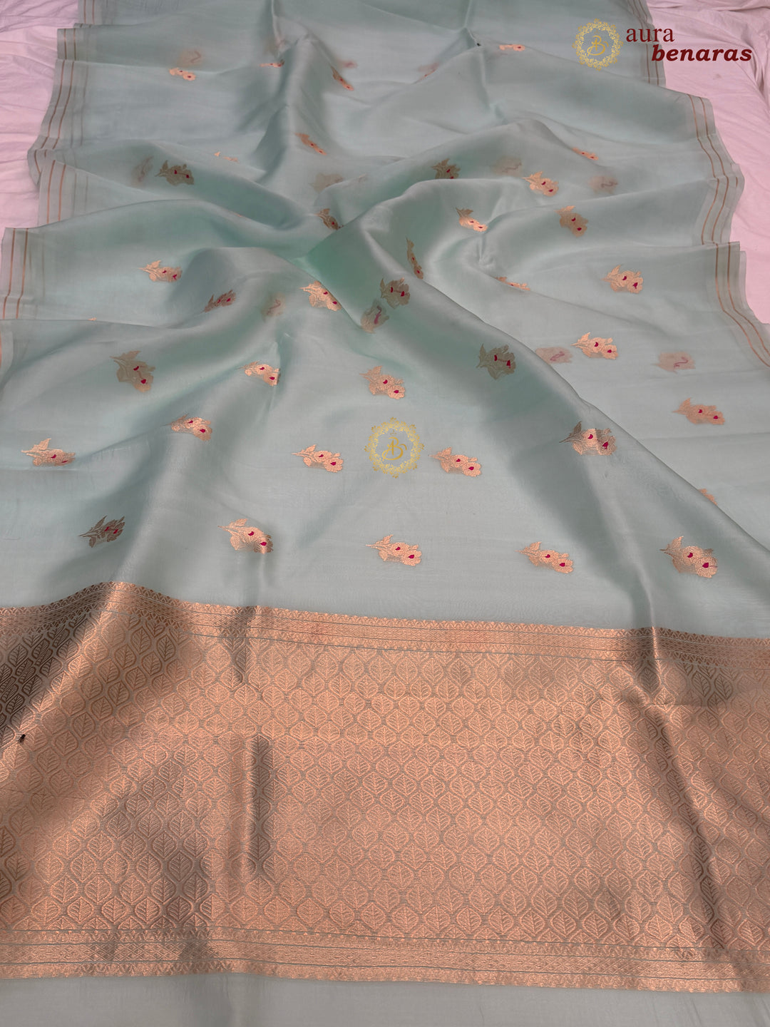 Pastel Blue Pure Kora Silk Banarasi Saree with Kadhwa Flower Butas