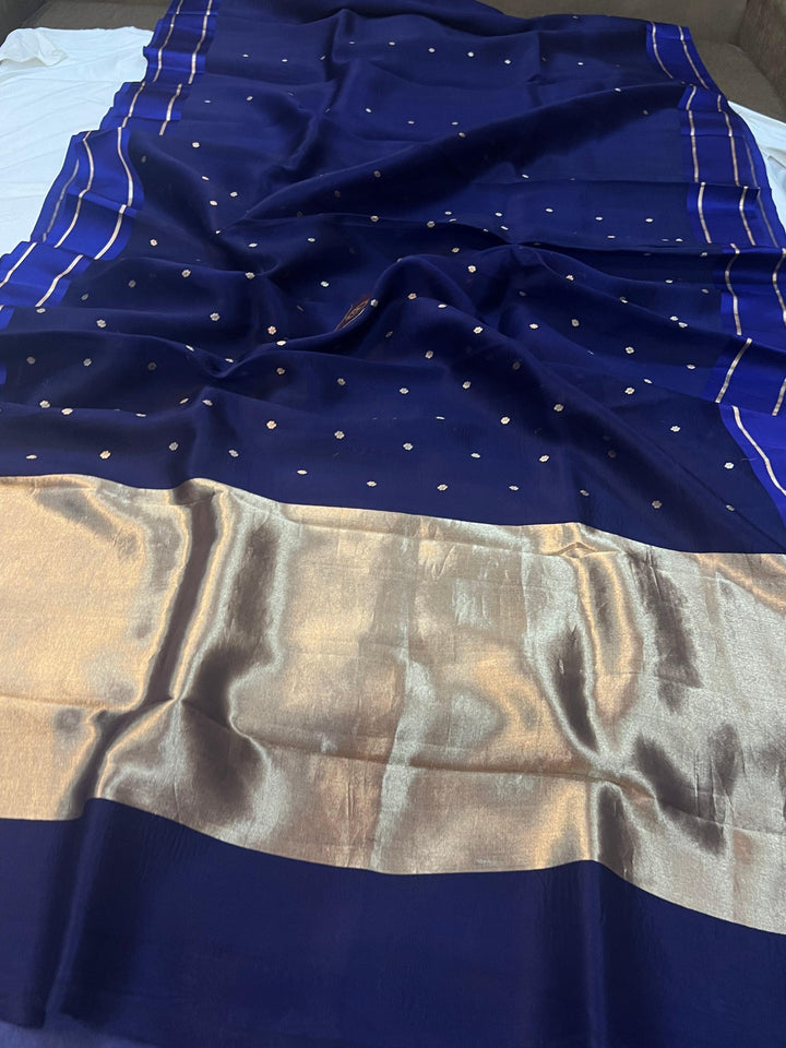 Navy Blue Pure Banarasi Handloom Silk Saree - Aura Benaras
