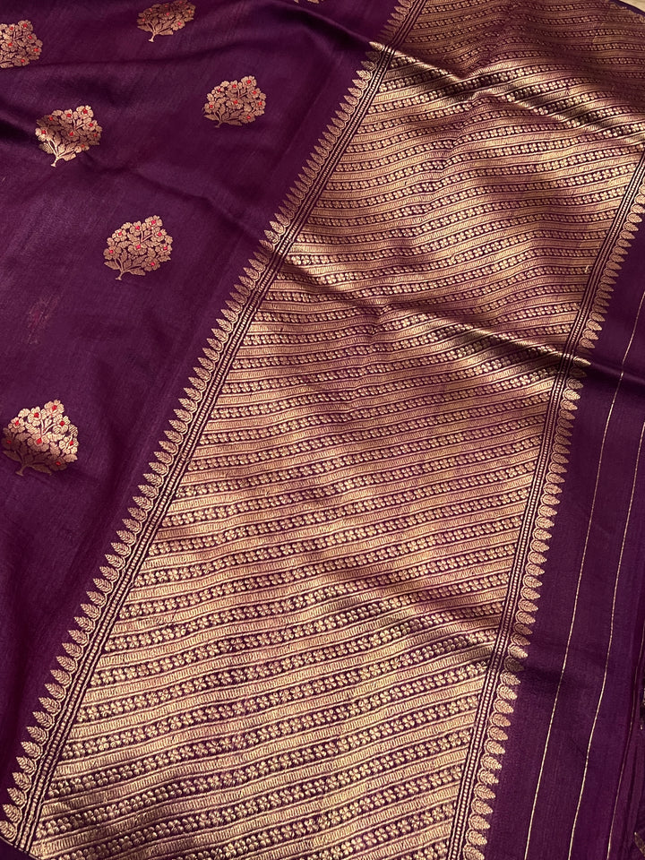 Wine Pure Tussar Silk Handloom Banarasi Saree