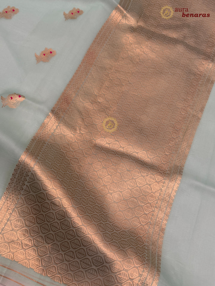 Pastel Blue Pure Kora Silk Banarasi Saree with Kadhwa Flower Butas