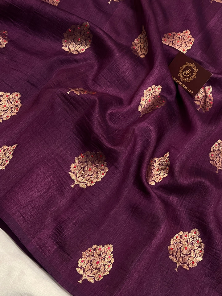Wine Pure Tussar Silk Handloom Banarasi Saree