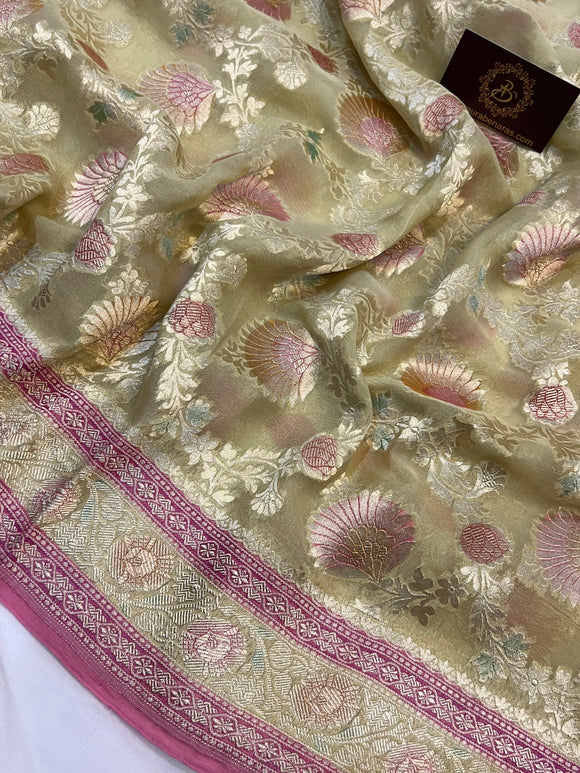 Pastel Yellow Banarasi Khaddi Georgette Saree - Aura Benaras