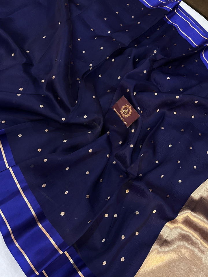Navy Blue Pure Banarasi Handloom Silk Saree - Aura Benaras