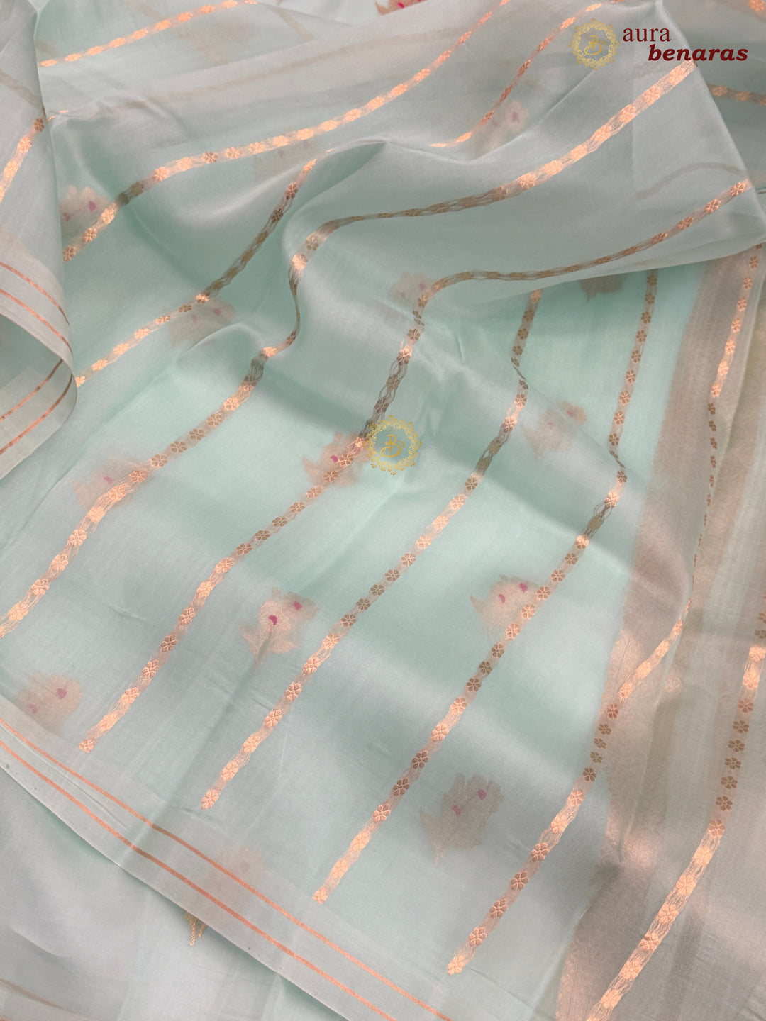 Pastel Blue Pure Kora Silk Banarasi Saree with Kadhwa Flower Butas