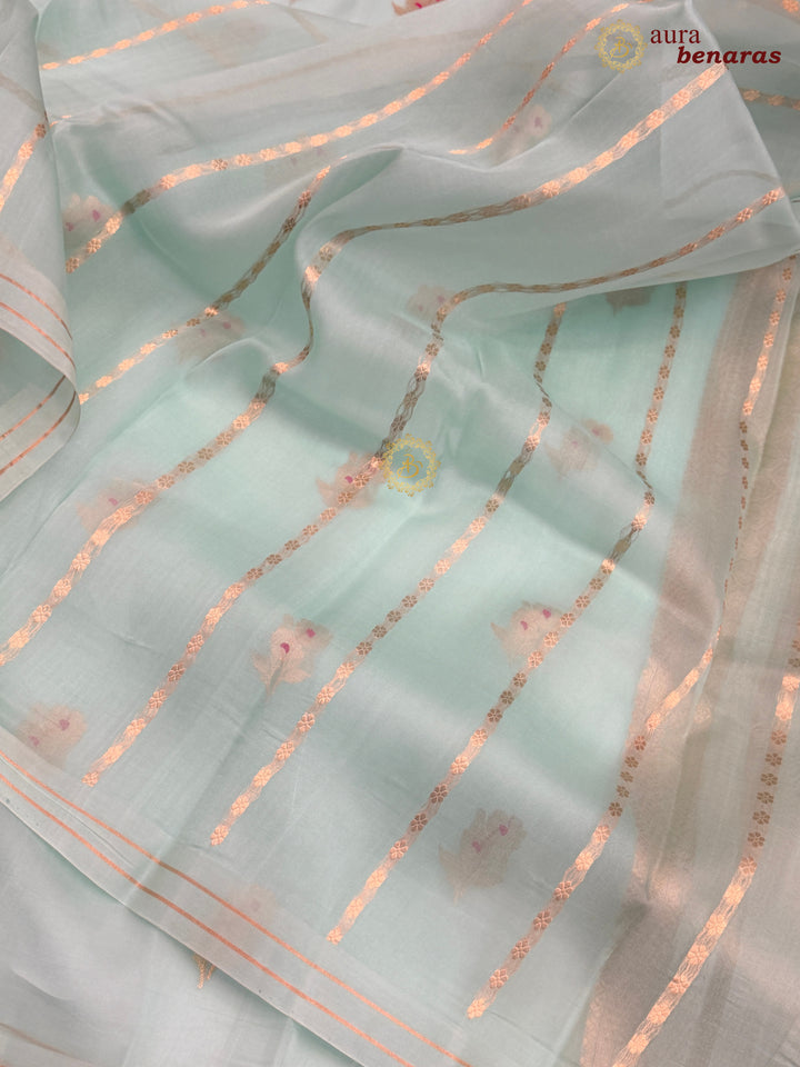 Pastel Blue Pure Kora Silk Banarasi Saree with Kadhwa Flower Butas