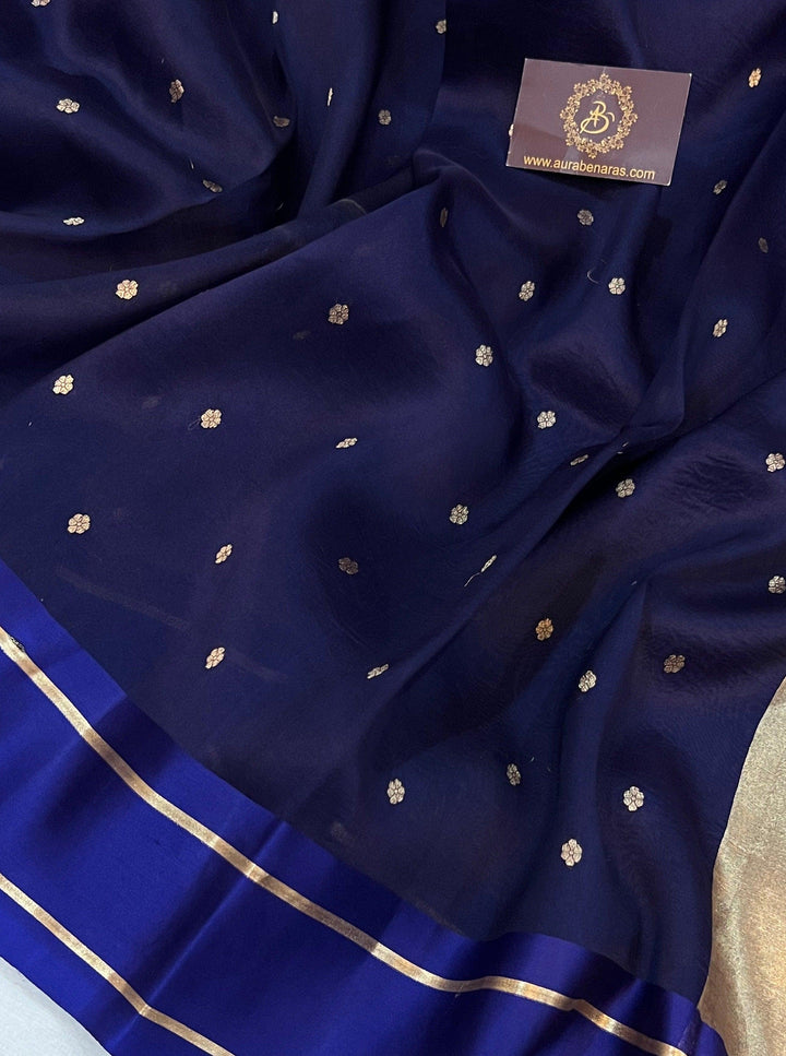 Navy Blue Pure Banarasi Handloom Silk Saree - Aura Benaras